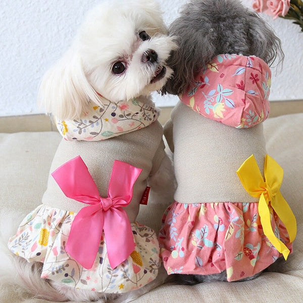 Pet Clothes Dog Winter Thickening Princess Skirt With Floral Printed Fluffy and Bowknot Dress For Small Dog