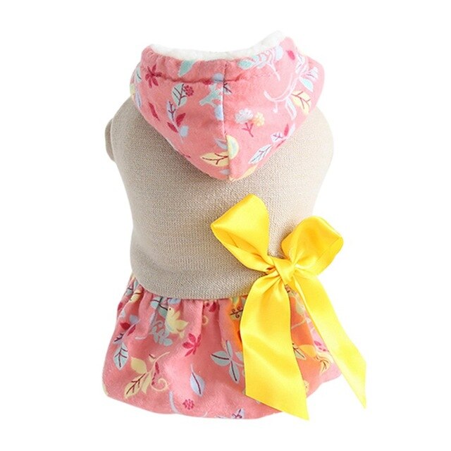 Pet Clothes Dog Winter Thickening Princess Skirt With Floral Printed Fluffy and Bowknot Dress For Small Dog