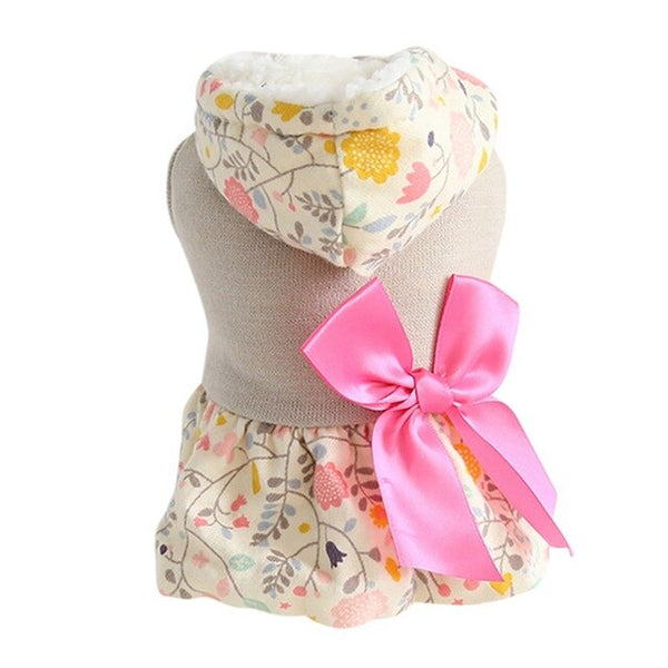 Pet Clothes Dog Winter Thickening Princess Skirt With Floral Printed Fluffy and Bowknot Dress For Small Dog